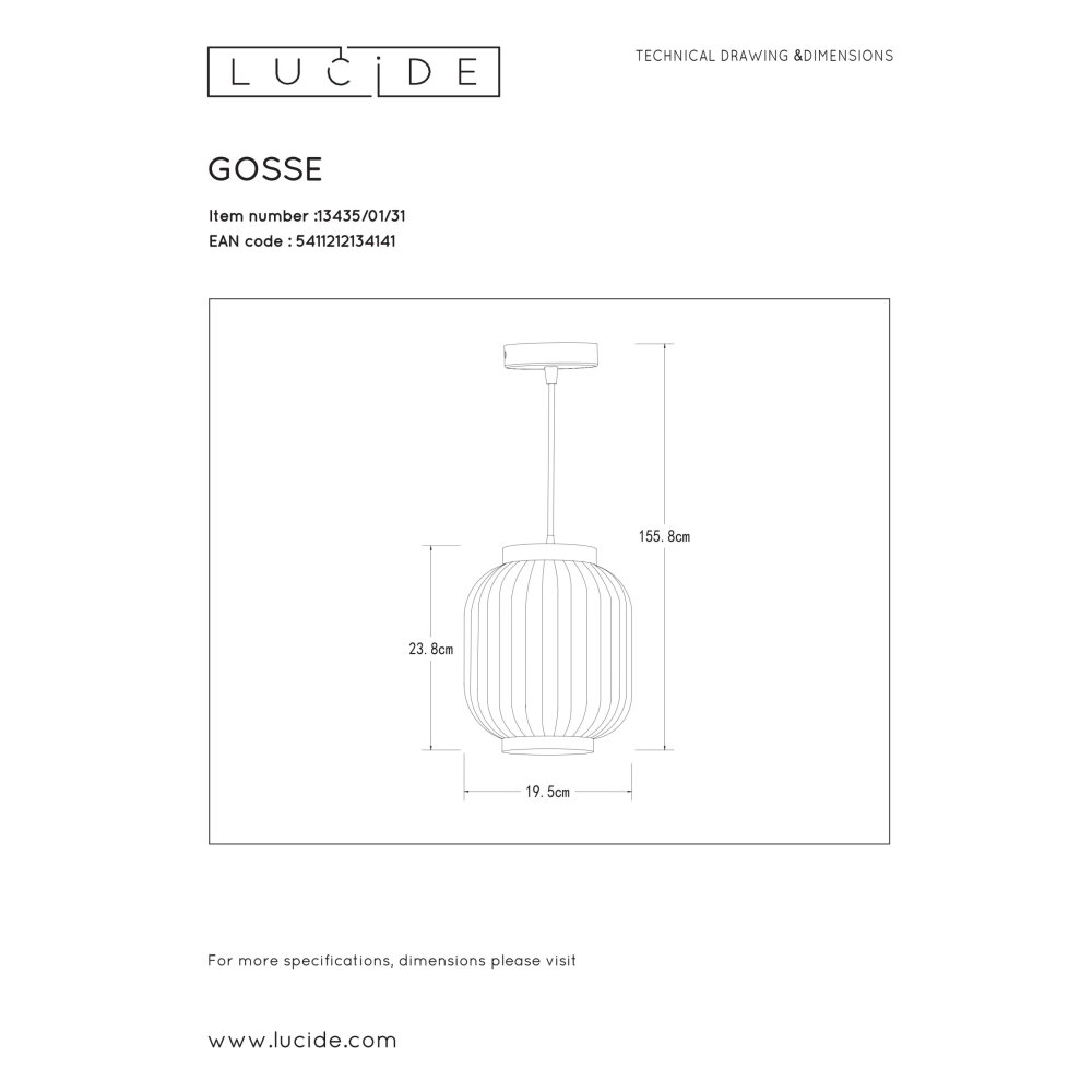 Lucide GOSSE Lampadario a sospensione Nero, 1-Luce