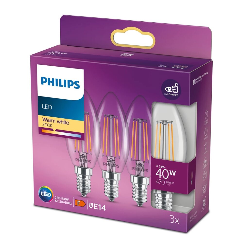 Philips LED 3er Pack E14 40 Watt 2700 Kelvin 470 Lumen main product photo