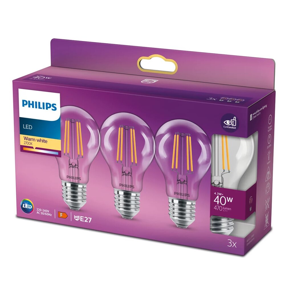 Philips LED E27 3er Pack 40 Watt 2700 Kelvin 470 Lumen main product photo