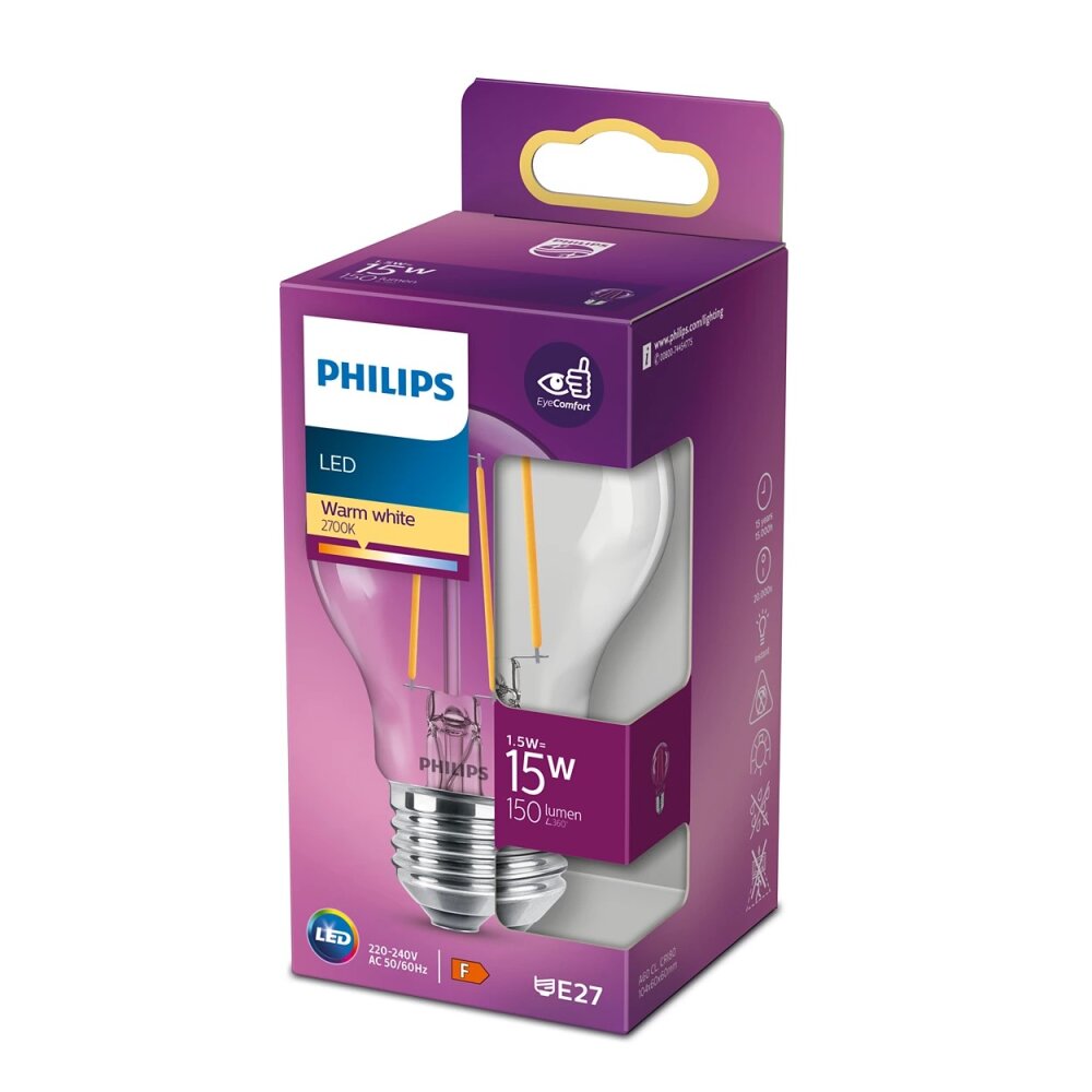 Philips LED E27 1,5 Watt 2700 Kelvin 150 Lumen Trasparente, chiaro, 1-Luce main product photo