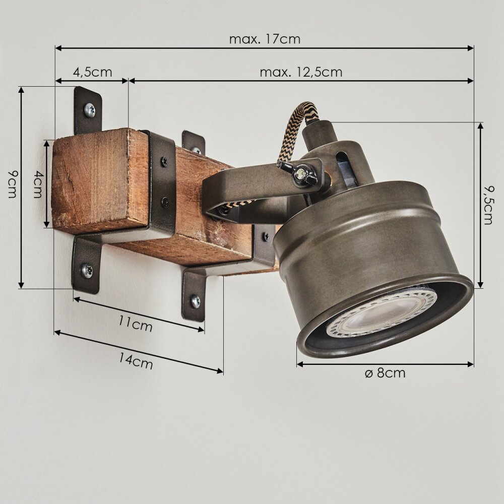 Pehefito Applique Grigio, Legno scuro, Nero, 1-Luce