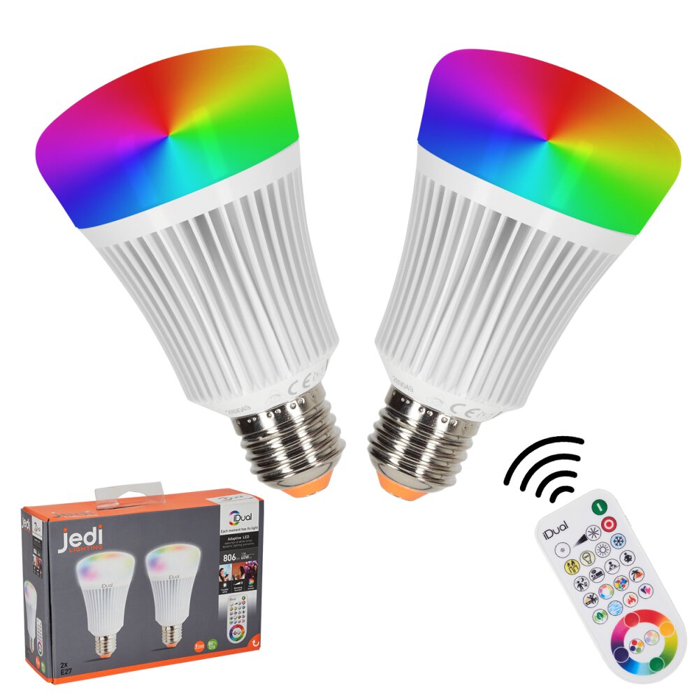 Candal E27 LED RGB 11 Watt 2200-6500 Kelvin 806 Lumen Set di 2 con telecomando main product photo