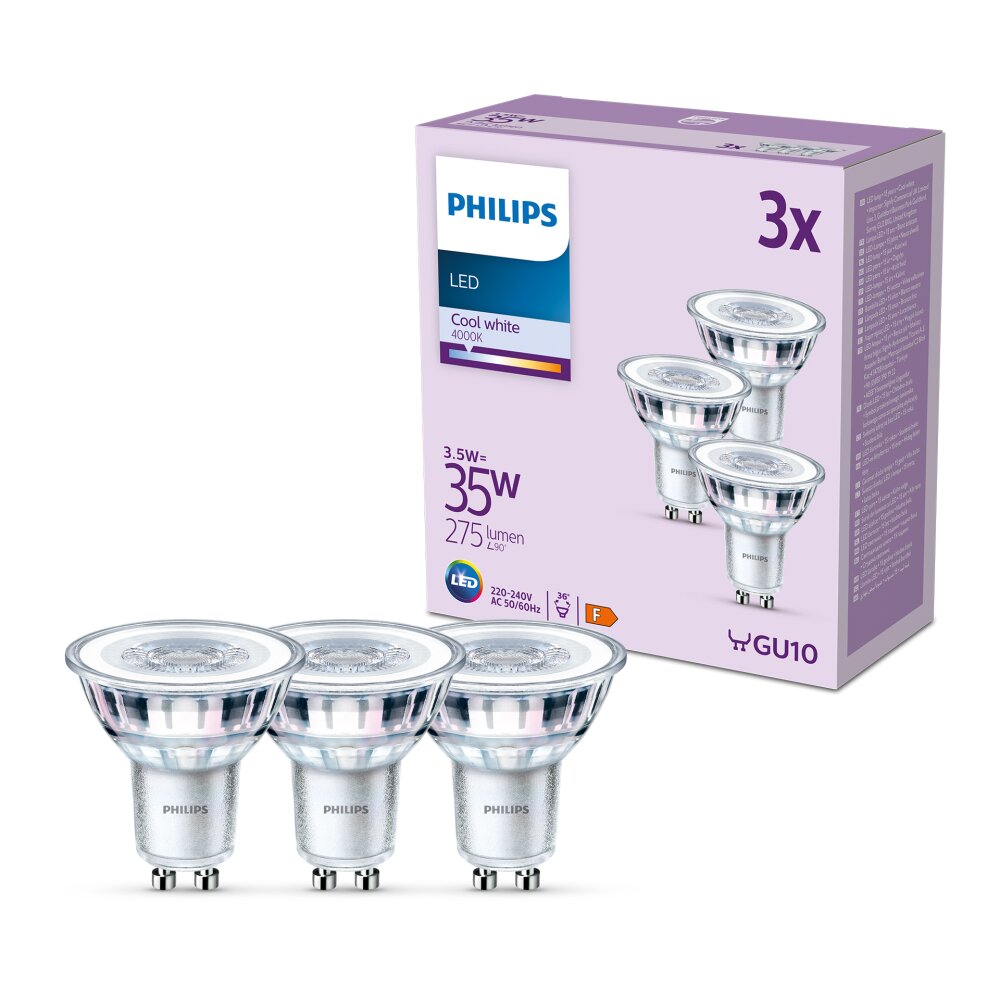 Philips Classic Set di 3 LED GU10 da 3,5 Watt 4000 Kelvin 275 Lumen main product photo