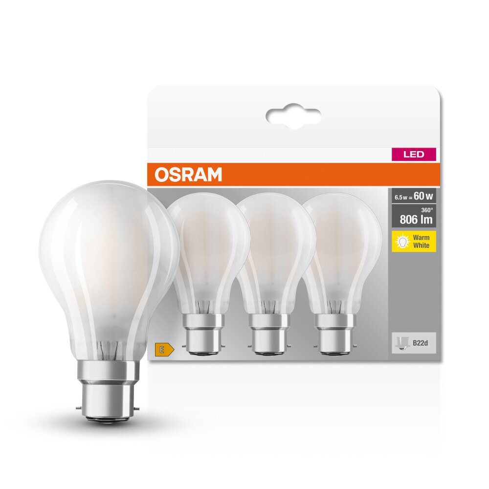 OSRAM CLASSIC A Set di 3 LED B22d 6,5 Watt 2700 Kelvin 806 Lumen main product photo