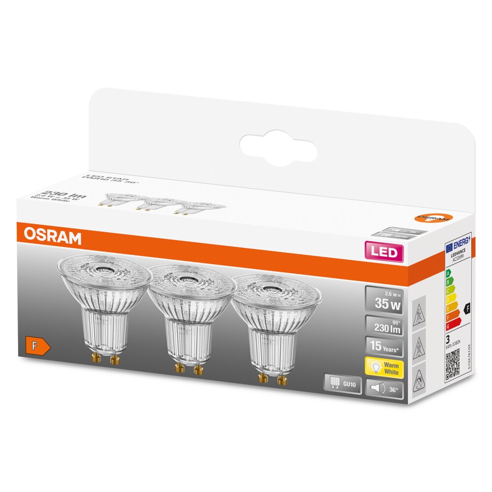 OSRAM LED STAR PAR16 Set di 3 GU10 da 2,6 Watt 2700 Kelvin 230 Lumen main product photo