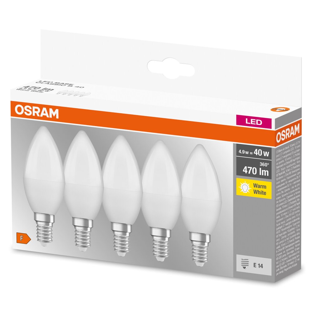 OSRAM CLASSIC B Set di 5 LED E14 da 4,9 Watt 2700 Kelvin 470 Lumen main product photo