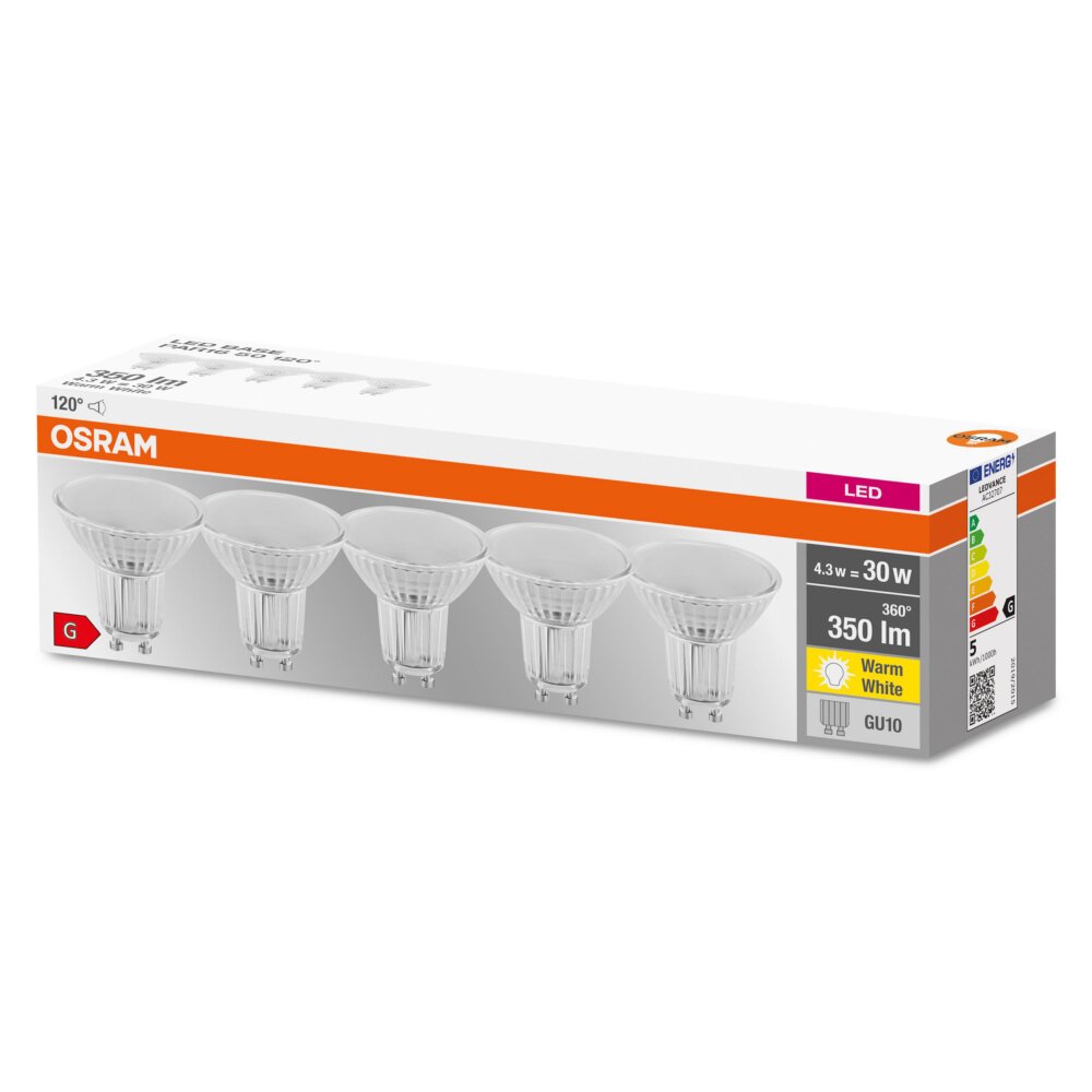 OSRAM Set di 5 LED GU10 4,3 Watt 2700 Kelvin 350 Lumen main product photo