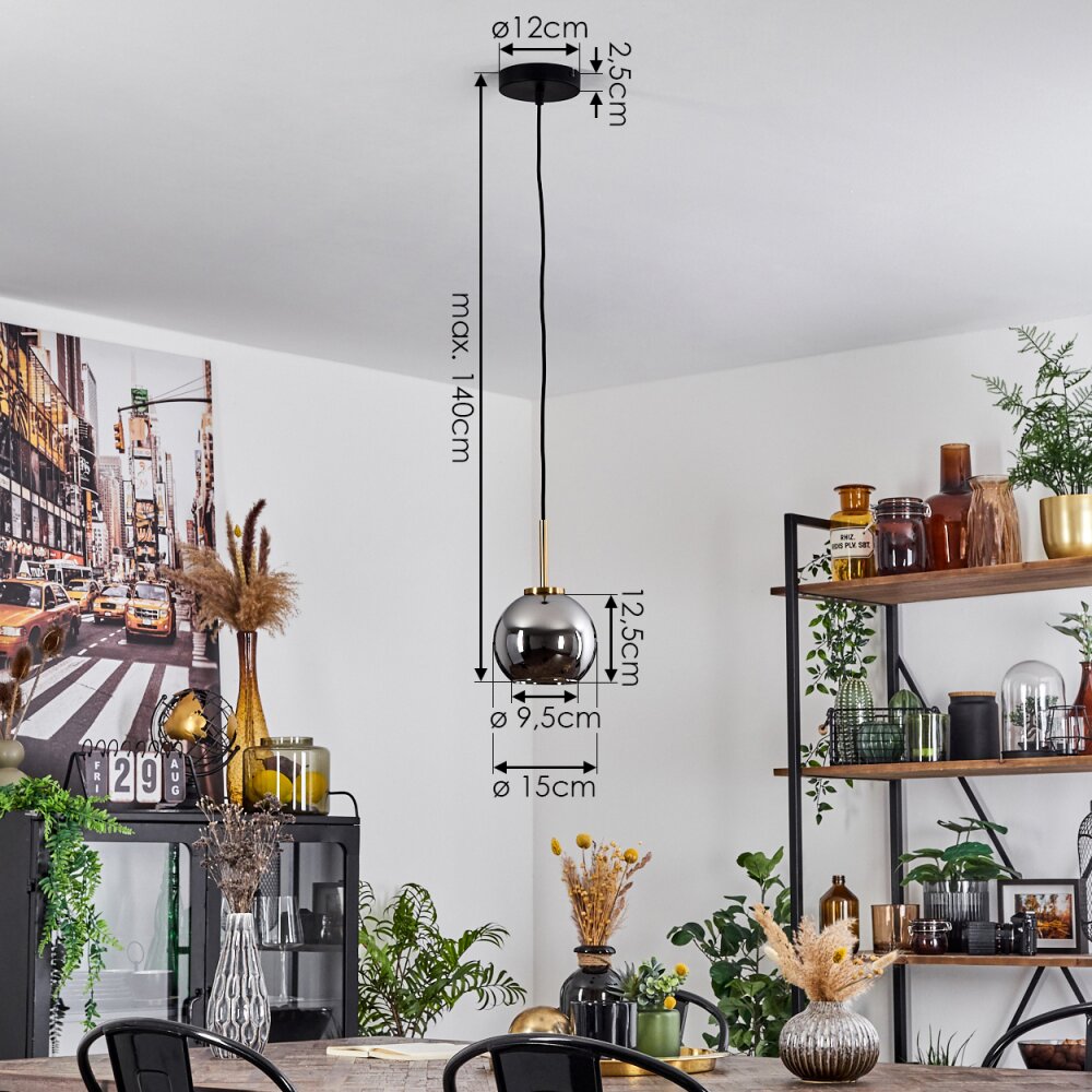Koyoto Lampadario a sospensione Vetro 15 cm Oro, Nero, 1-Luce