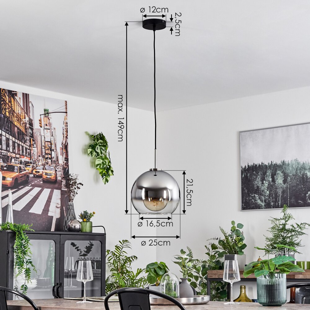 Koyoto Lampadario a sospensione Vetro 25 cm Nero, Argento, 1-Luce