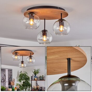 Koyoto Plafoniera, Lampada a sfera 40 cm Marrone, Aspetto del legno, Nero, 3-Luci