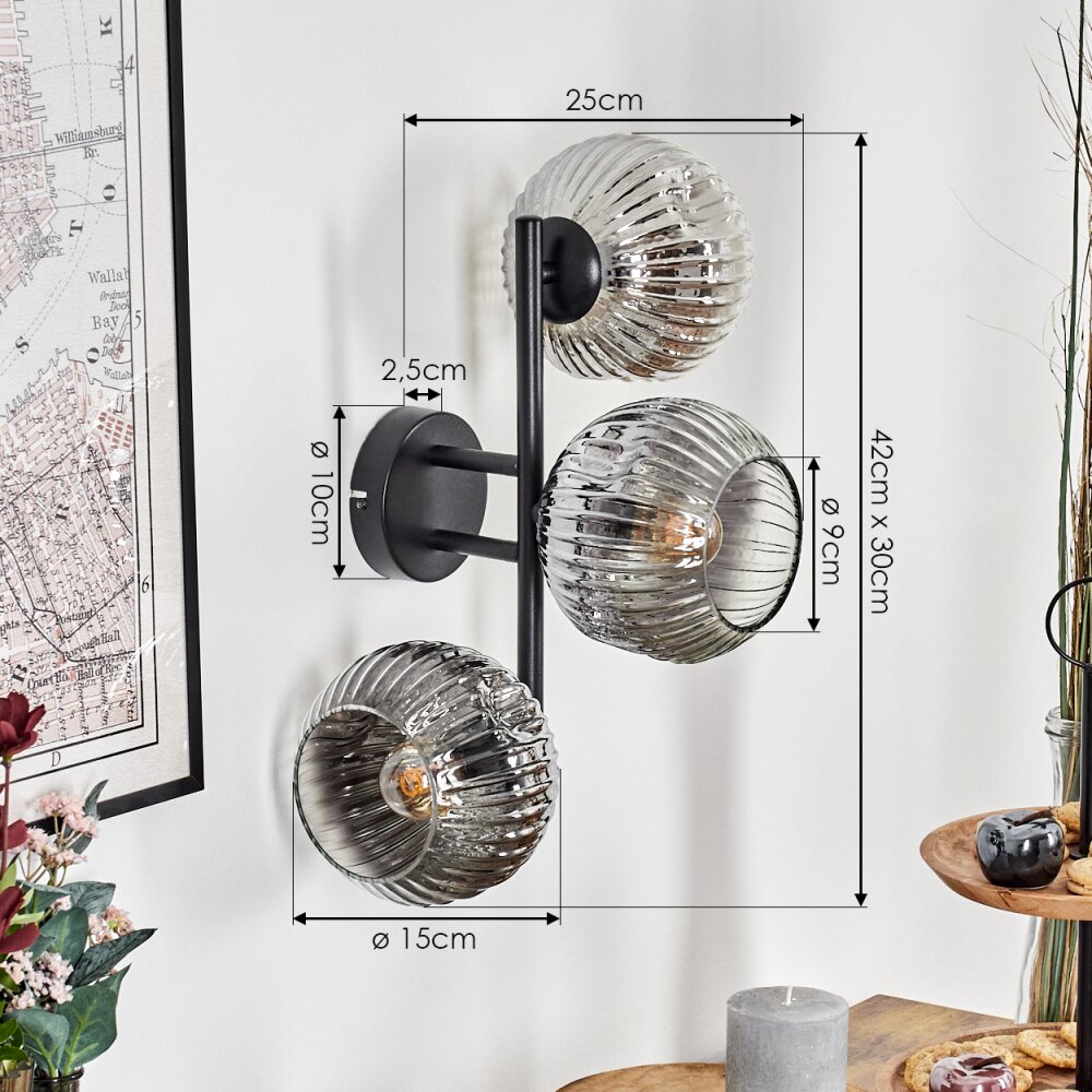 Ripoll Lampada a sfera, Applique Cromo, Chiaro, Grigio fumo, 3-Luci