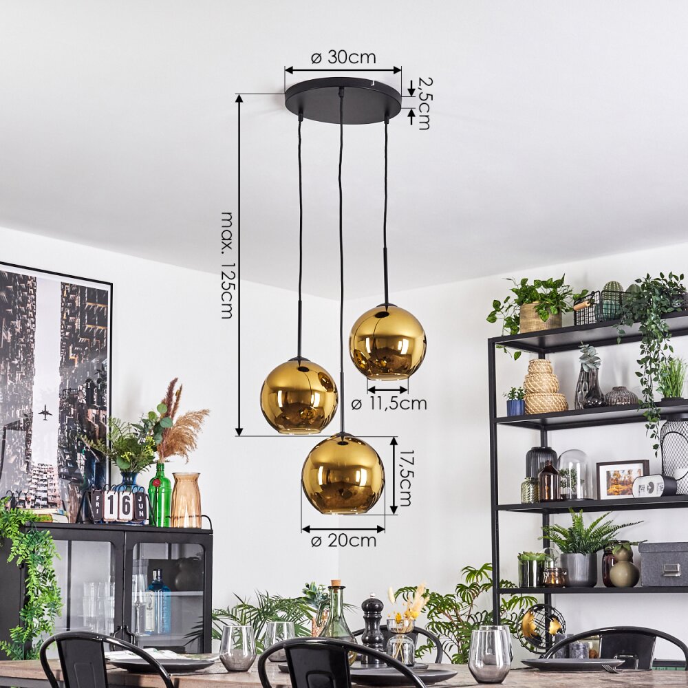 Koyoto Lampadario a sospensione, Lampada a sfera, Lampada a sospensione a cluster 30 cm Oro, 3-Luci