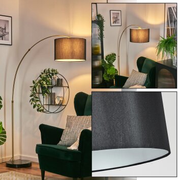 Soungou Lampada da terra, Lampade ad arco Ottone, Nero, 1-Luce, Paralume in tessuto