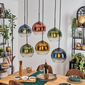 Koyoto Lampadario a sospensione, Lampada a sfera, Lampada a sospensione Blu, Oro, Verde, Chiaro, Ramato, 6-Luci
