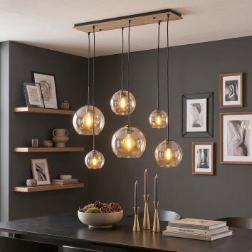 Lampada a sospensione Koyoto, 6 sfere ambrate, barra in legno, regolabile solo al montaggio