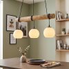 Lampadario a sospensione Koyoto con trave cilindrica in legno e tre sfere in vetro bianco