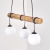 Lampadario a sospensione Koyoto con trave cilindrica in legno e tre sfere in vetro bianco