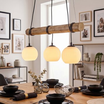 Koyoto lampada a sospensione con barra in legno, 3 luci, lunghezza 60 cm