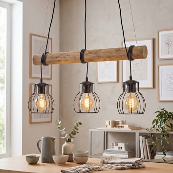 Gondo lampada a sospensione con barra in legno, 3 luci E27, lunghezza 60 cm