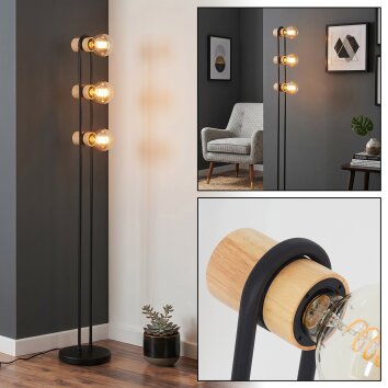 Lampada da terra Voril con tre sfere e dettagli in legno, E27, altezza 141,5 cm