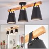 Plafoniera lineare Andian in stile Boho con barra in legno e 3 paralumi neri