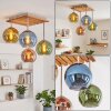 Plafoniera Boho Koyoto, lamelle in legno, 4 sfere di vetro colorato