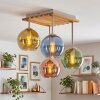 Plafoniera Boho Koyoto, lamelle in legno, 4 sfere di vetro colorato