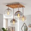 Plafoniera Koyoto stile boho, 4 sfere in vetro chiaro e lamelle in legno