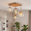 Plafoniera Koyoto stile boho, 4 sfere in vetro chiaro e lamelle in legno