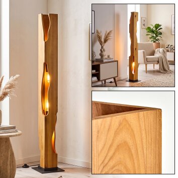 Lampada da terra Sernadelo, colonna rettangolare in legno color écru con intagli ondulati