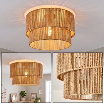 Plafoniera rotonda stile Boho Tamir a doppio livello con corda marrone e paralume écru