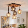 Lampadario a sospensione Boho Koyoto con piastra a doghe in legno e 5 sfere in vetro