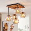 Plafoniera a cinque luci Koyoto moderna con struttura a lamelle in legno e sfere ambrate
