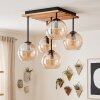 Plafoniera a cinque luci Koyoto moderna con struttura a lamelle in legno e sfere ambrate