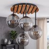 Plafoniera a sfere Gastor, 4 paralumi in vetro grigio fumo, lamelle in legno, stile Boho