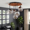 Plafoniera a cluster Koyoto stile boho, lamelle in legno e 5 sfere in vetro chiaro