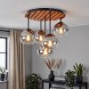Plafoniera a cluster Koyoto stile boho, lamelle in legno e 5 sfere in vetro chiaro