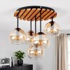 Lampadario a 5 luci Koyoto in stile Boho, con lamelle in legno e sfere di vetro chiaro