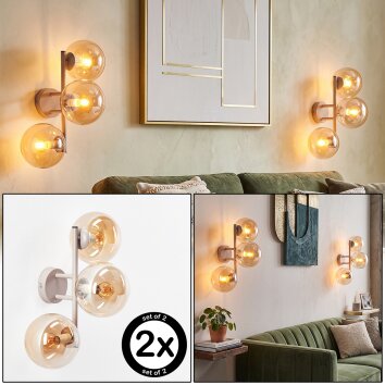 Applique Gastor, set da 2, struttura verticale con 3 sfere ambrate accanto allo specchio