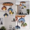 Plafoniera Koyoto con 4 sfere in vetro blu e lamelle di legno, stile Boho