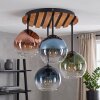 Plafoniera Koyoto con 4 sfere in vetro blu e lamelle di legno, stile Boho
