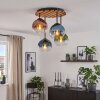 Plafoniera Koyoto con 4 sfere in vetro blu e lamelle di legno, stile Boho