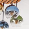 Plafoniera Koyoto con 4 sfere di vetro blu, verdi, oro e chiare su base a lamelle di legno