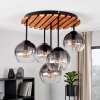 Plafoniera a sospensione Boho Koyoto con lamelle in legno e 5 sfere in vetro grigio fumo