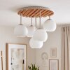 Plafoniera Koyoto in stile Boho con lamelle in legno e 5 sfere in vetro bianco
