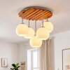 Plafoniera Koyoto in stile Boho con lamelle in legno e 5 sfere in vetro bianco