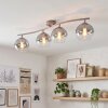 Plafoniera a quattro luci Koyoto moderna, struttura color sabbia con sfere grigio fumo chiaro