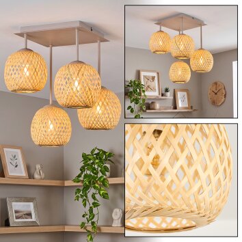Plafoniera a 4 luci Basto con sfere intrecciate in bambù écru, stile boho