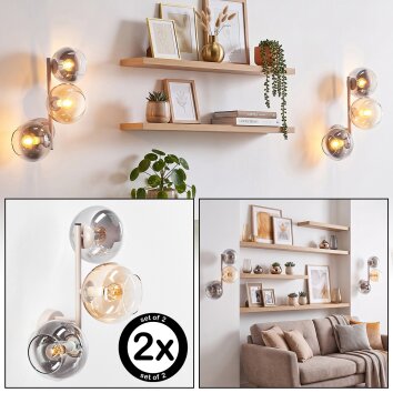 Applique moderna Koyoto in set da 2, con 3 sfere in vetro grigio fumo, ambrate e chiare
