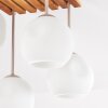 Plafoniera moderna Ripoll con 4 paralumi in vetro bianco e lamelle in legno